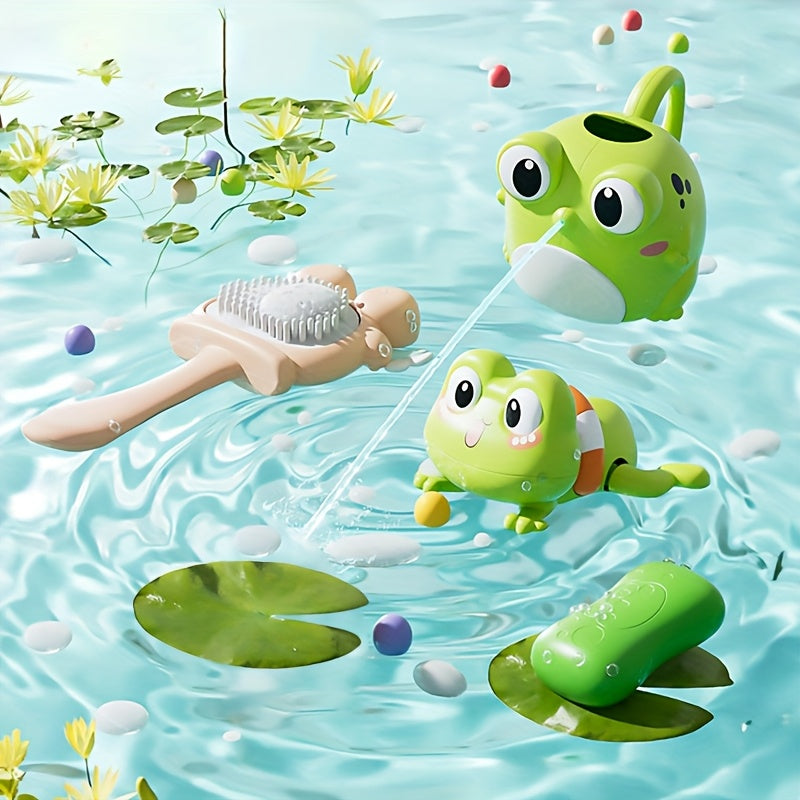 7pcs Frog Bath Toy Set with Water Gun & Massage Brush
