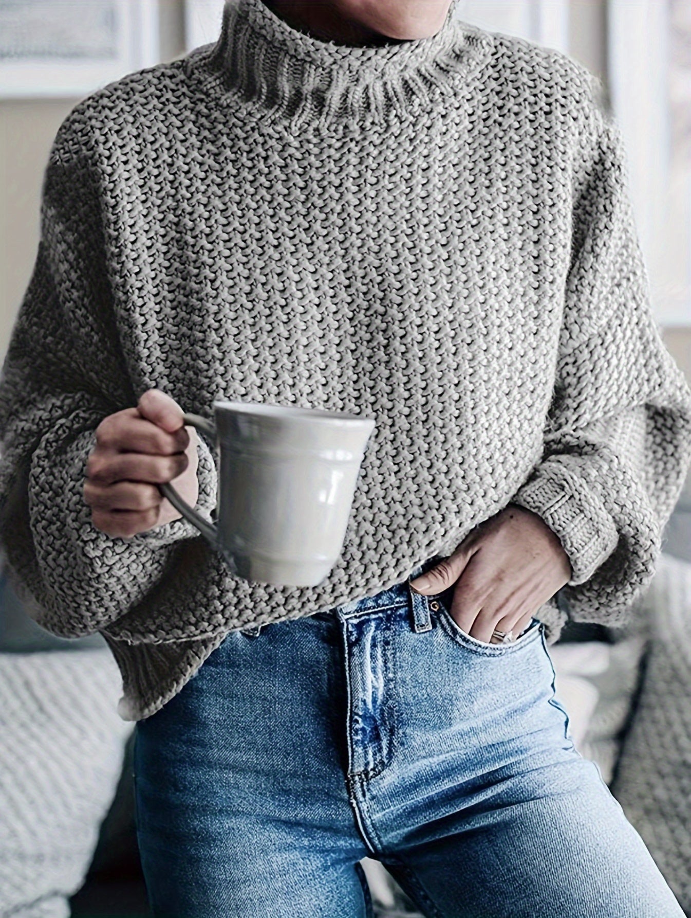  Solid Long Sleeve High Neck Sweater