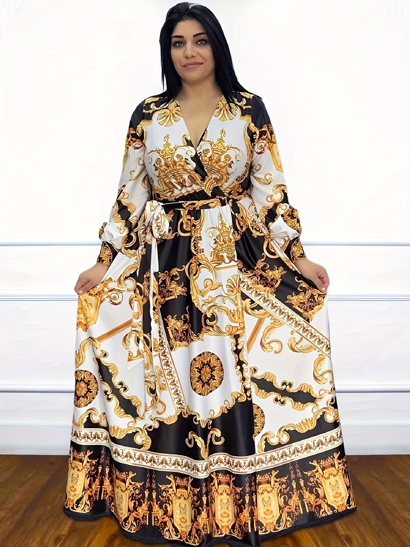 Ethnic Print Long Sleeve Maxi Dress Plus Size