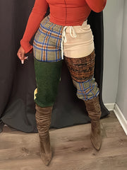  Retro Pants Women's Plus Patchwork Print Drawstring Elastic High Rise