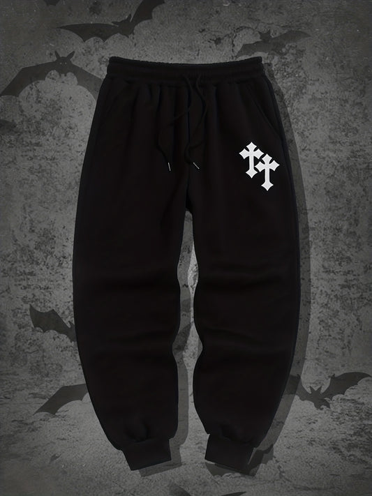 Crucifix Pattern Fleece Joggers Men's Warm Stretch Waist Sweatpants
