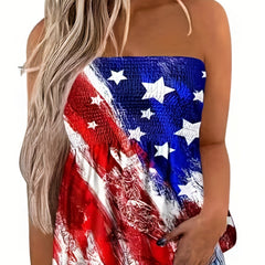 American Flag Print Tube Top Smocked Sleeveless Casual Top