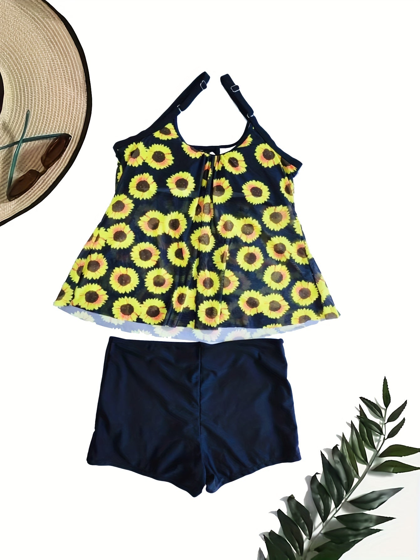  Sunflower Mesh Tie Front Cami Top & Boyshorts Swimsuit