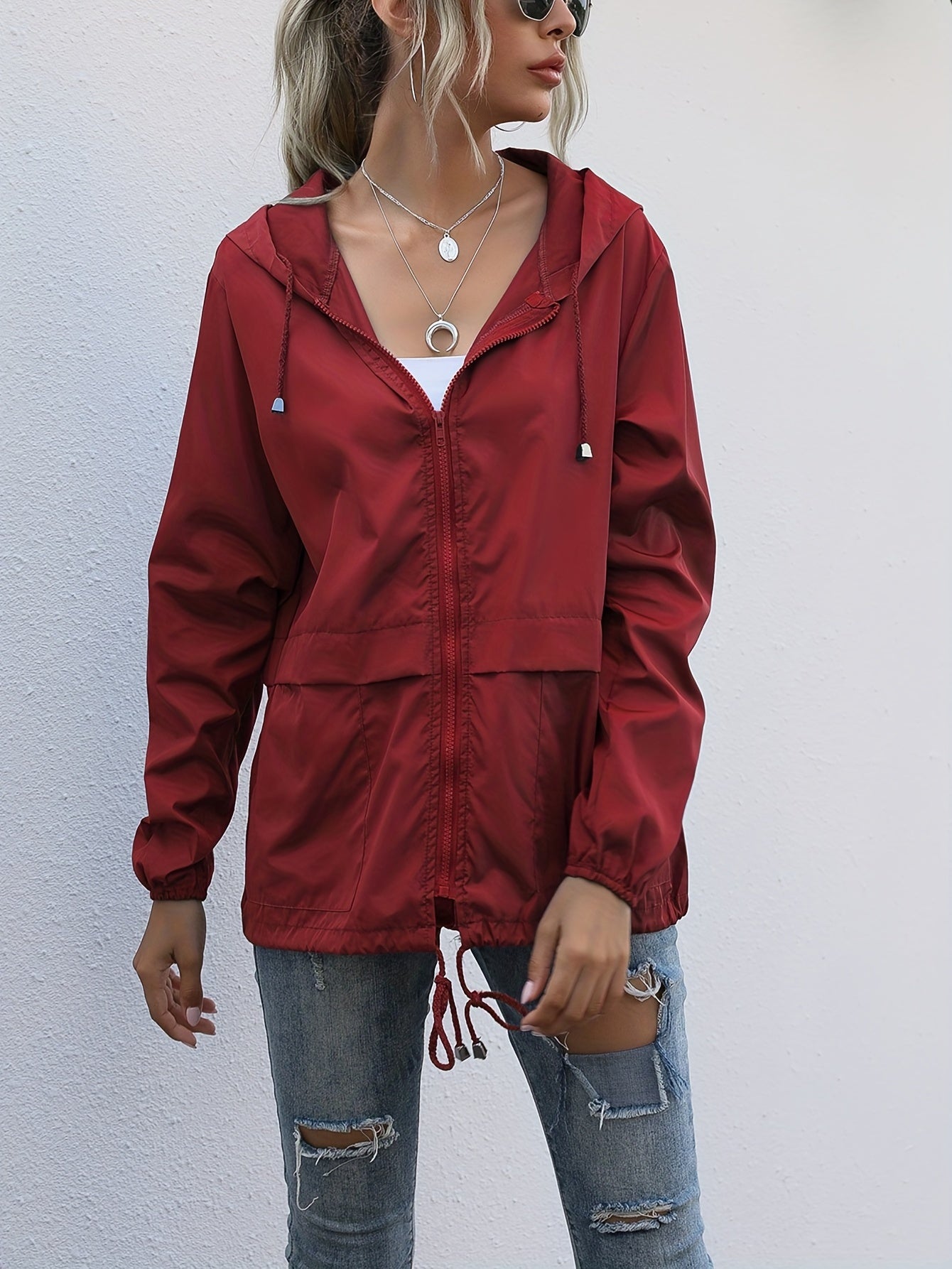 Casual Hooded Jacket Drawstring Solid Long Sleeve