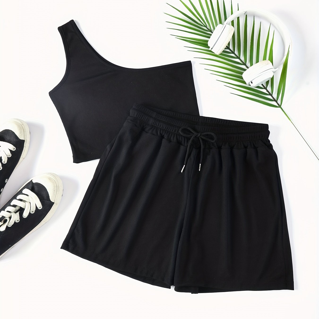 Solid Casual Two piece Set One Shoulder Crop Top & Drawstring Shorts