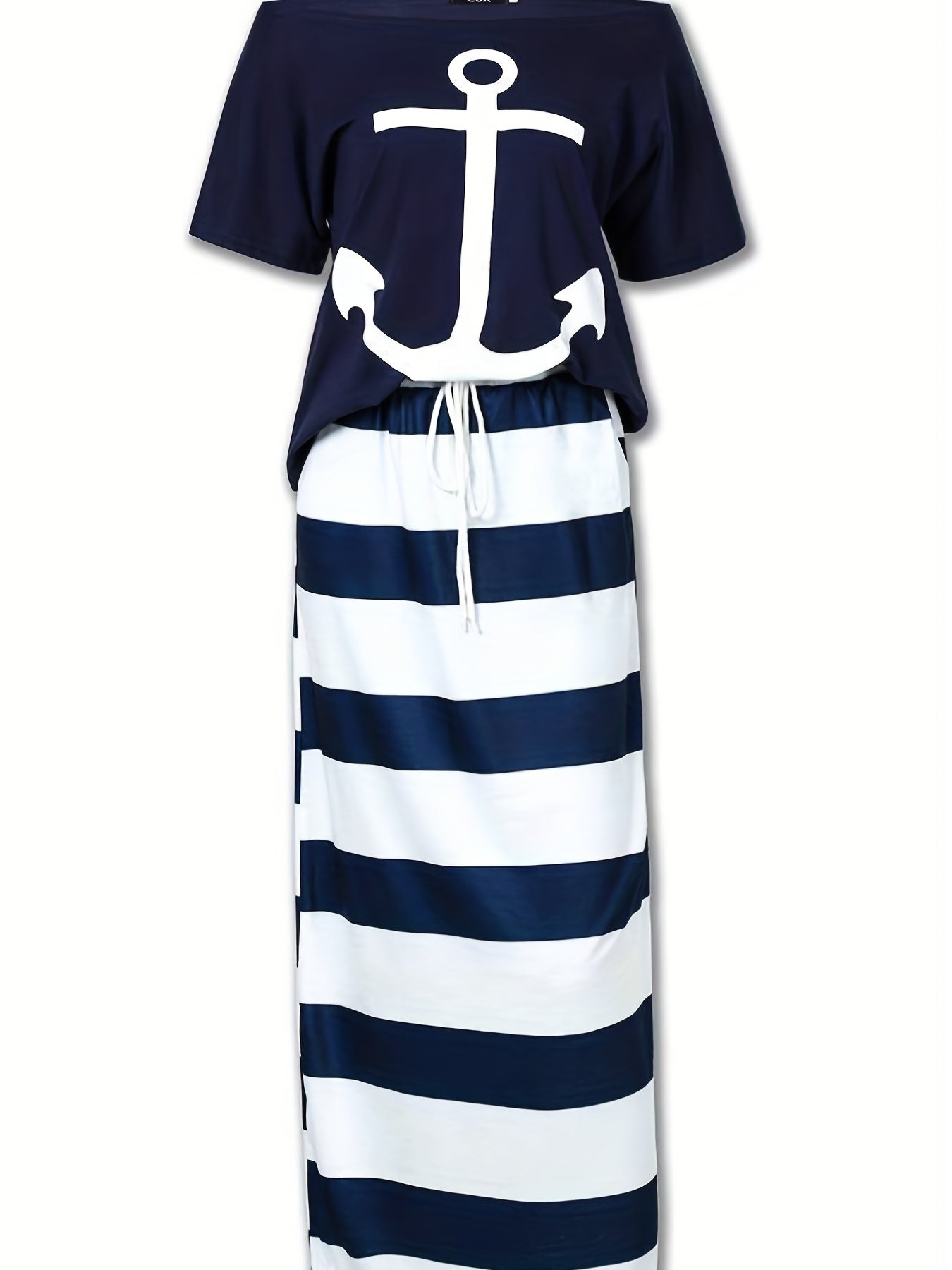 Anchor Print Off Shoulder T-shirt & Striped Maxi Skirt Set
