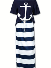 Anchor Print Off Shoulder T-shirt & Striped Maxi Skirt Set