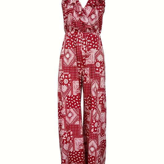 Floral Print Wide Leg Ruffle Trim Jumpsuit Boho Sleeveless Jumpsuit