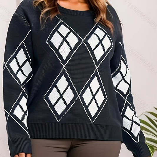  Argyle Print Long Sleeve Sweater