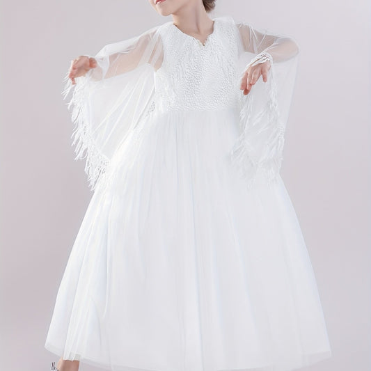 Kids Evening Mesh Tutu Dress With Tassel Lace Fluffy Sleeve Long