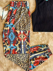  Colorblock Leopard & Southwestern Print Pants