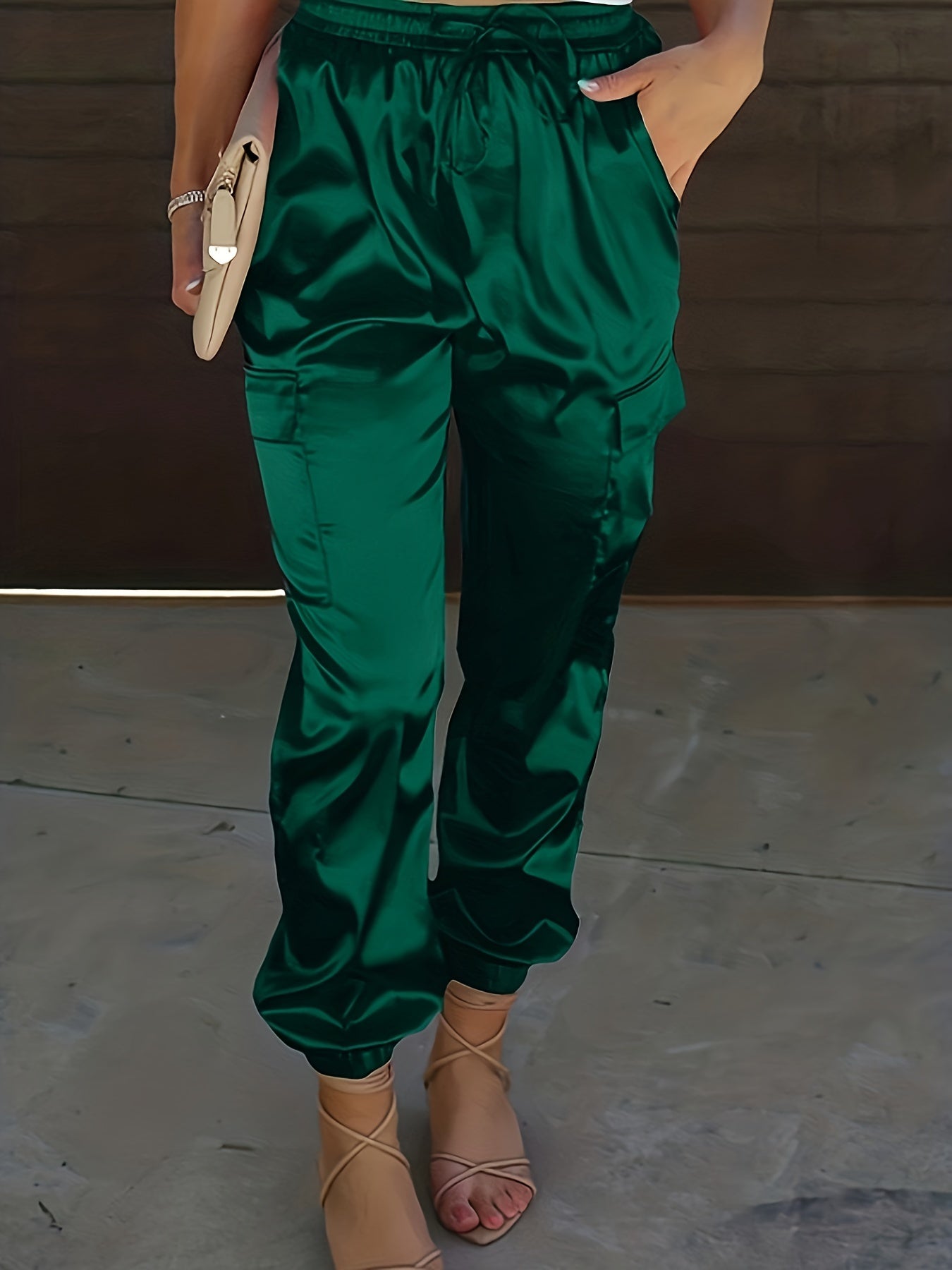 Women's Plus Solid Satin High Rise Cargo Jogger Trousers