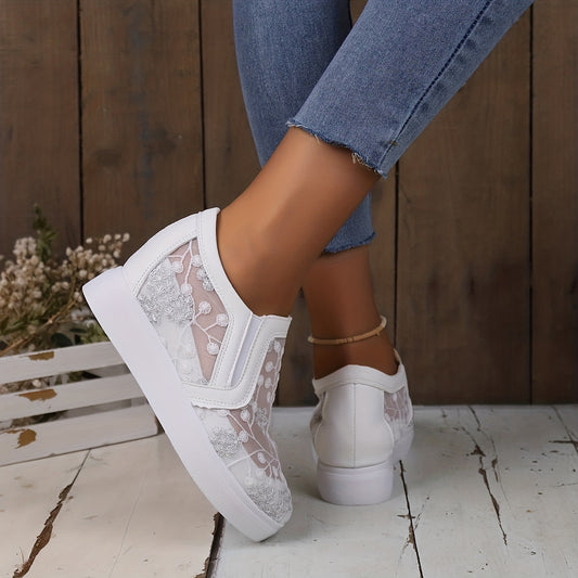 Women's Mesh Wedge Sneakers Floral Embroidered Low Top Slip On Shoes