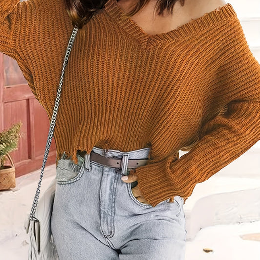  Solid Drop Shoulder V Neck Crop Sweater