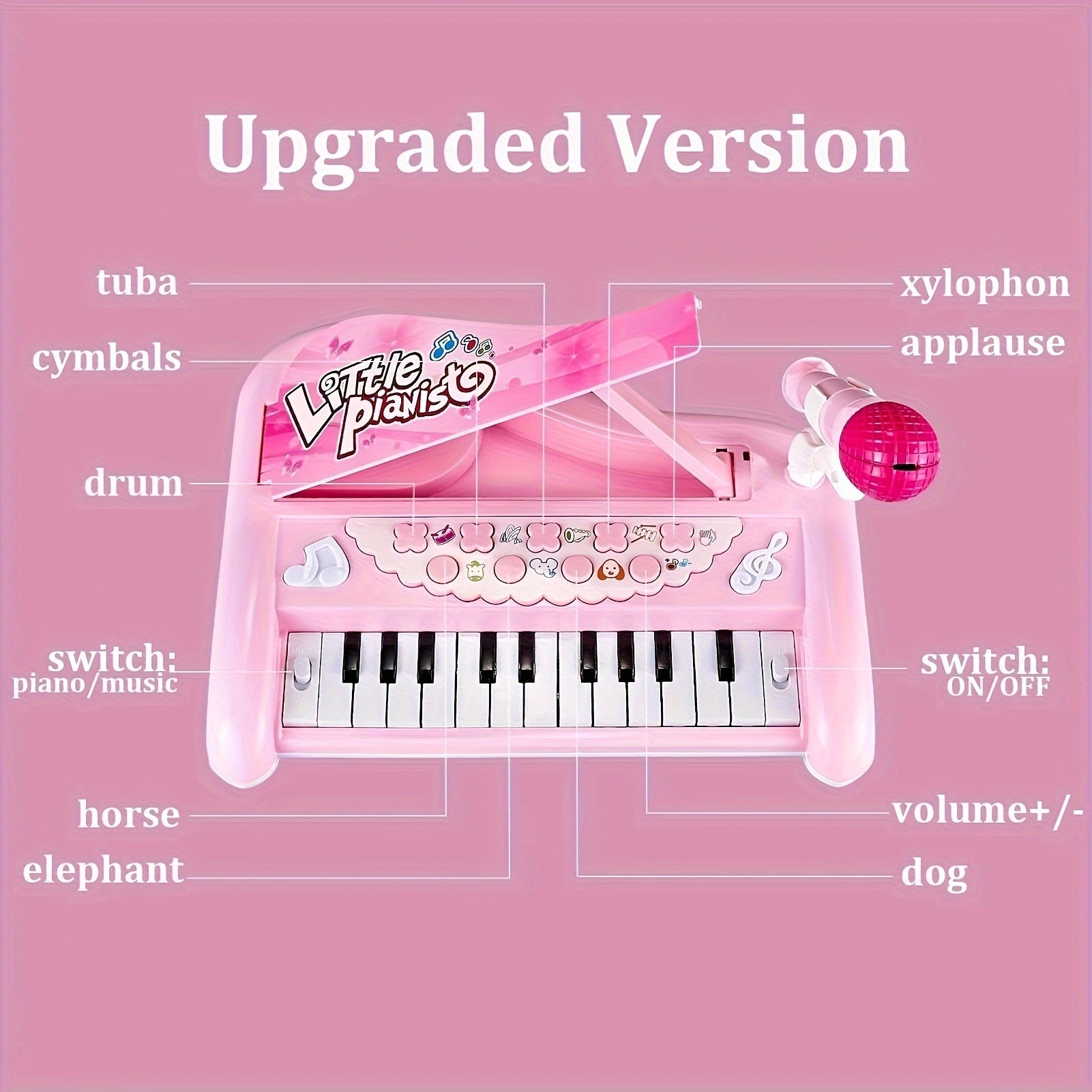 Pink Piano Toy with Microphone for Girls