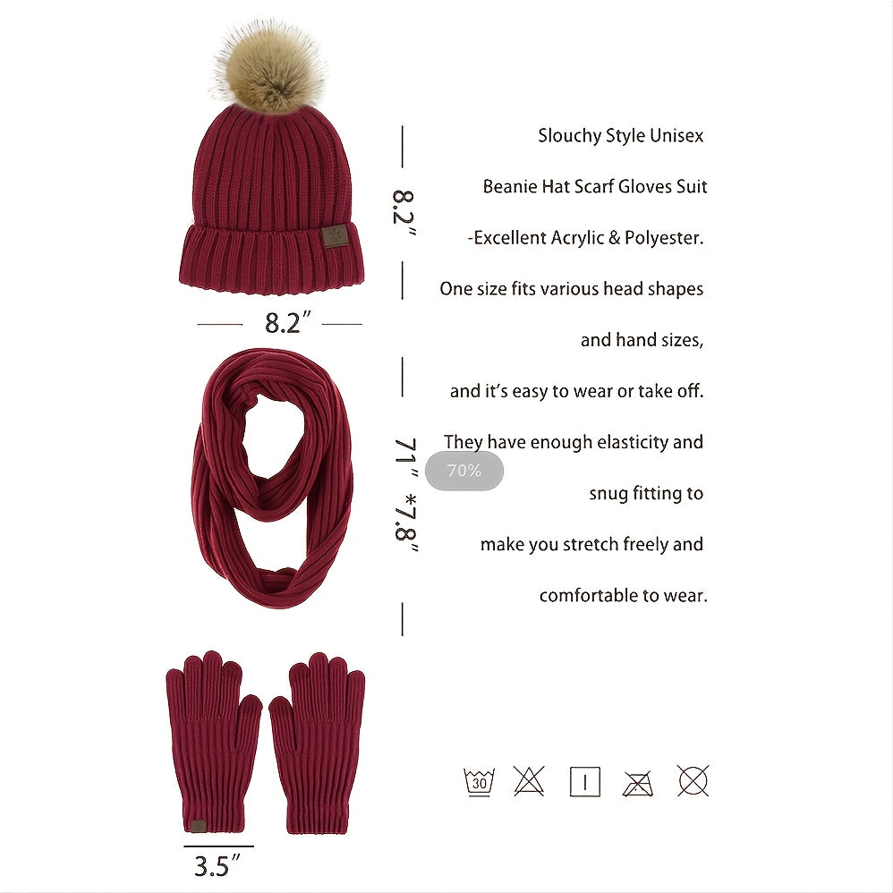 Winter Women's Fur Ball Knit Hat Scarf Gloves Set - Valentines