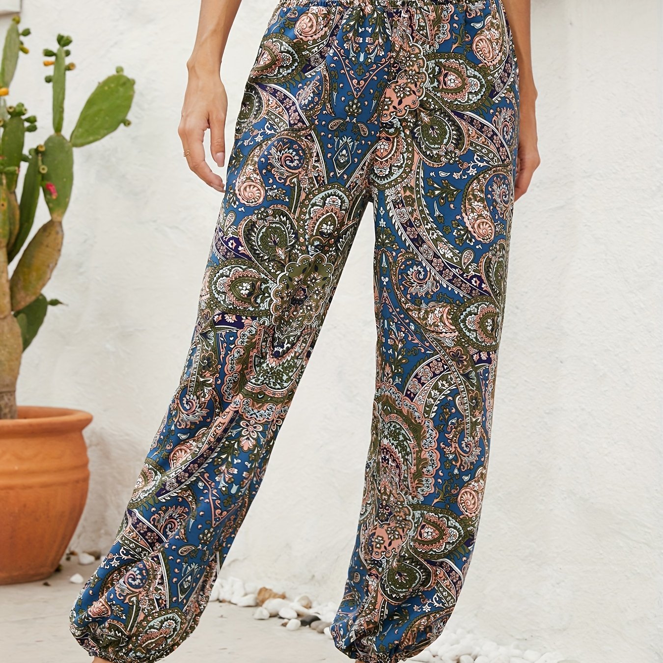 Ethnic Floral Print Pants Casual Shirred Long Length