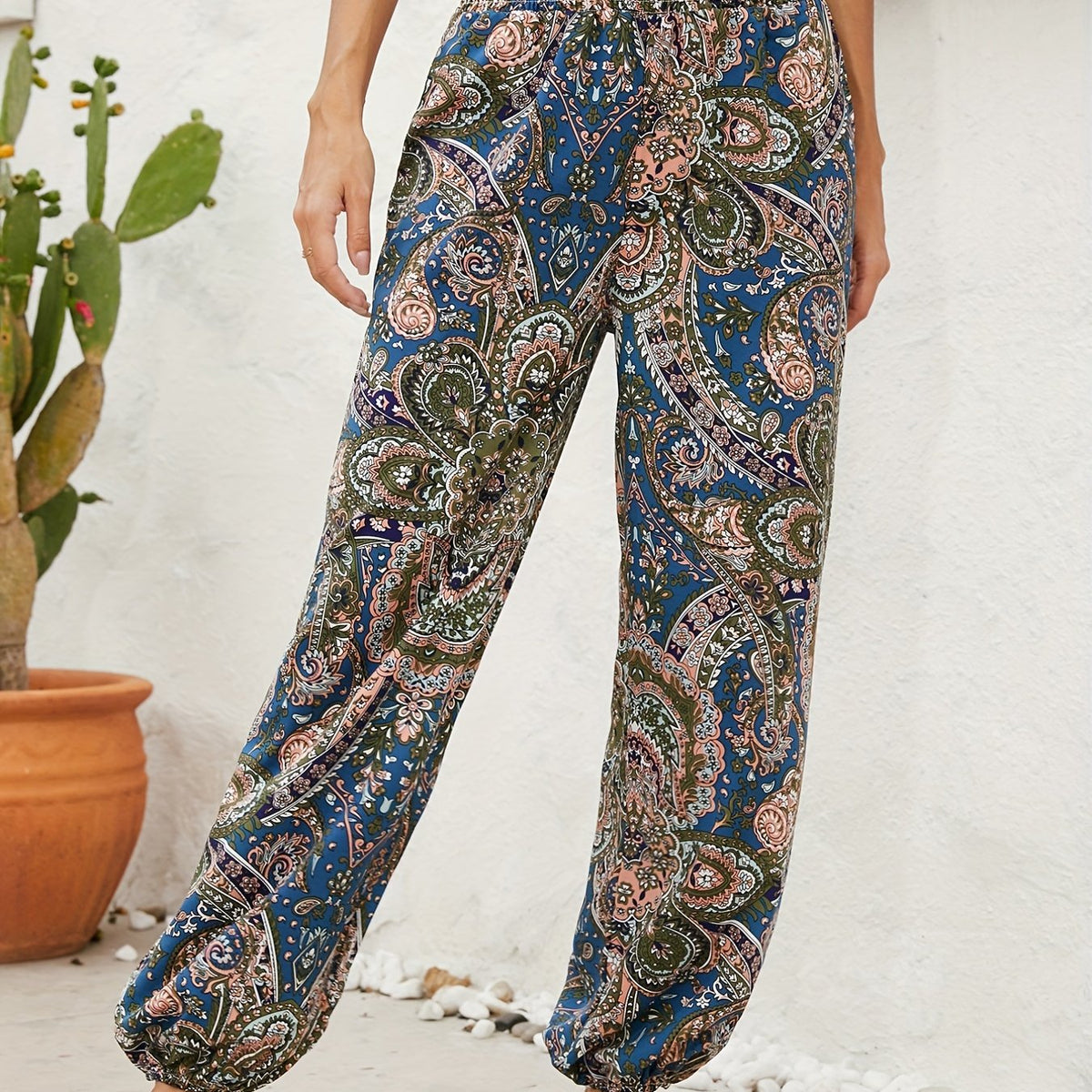 Ethnic Floral Print Pants Casual Shirred Long Length
