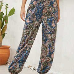 Ethnic Floral Print Pants Casual Shirred Long Length