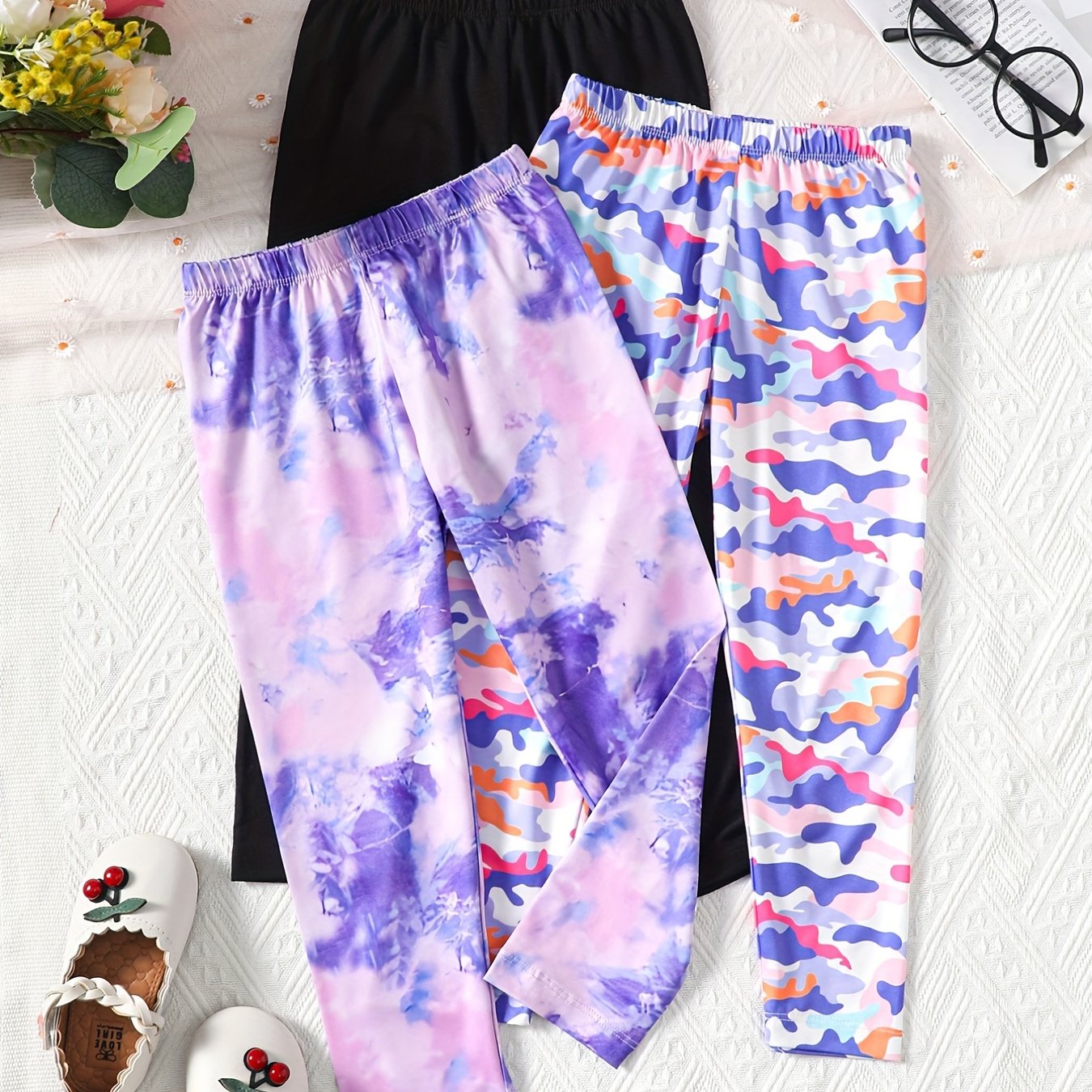 5pcs Girls' Camo Tie Dye Slim Fit Legging Pants Set
