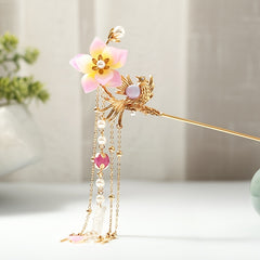 Hanfu Hairpin Faux Pearl Flower Bird Tassel Chignon Vintage Chinese Style Cheong