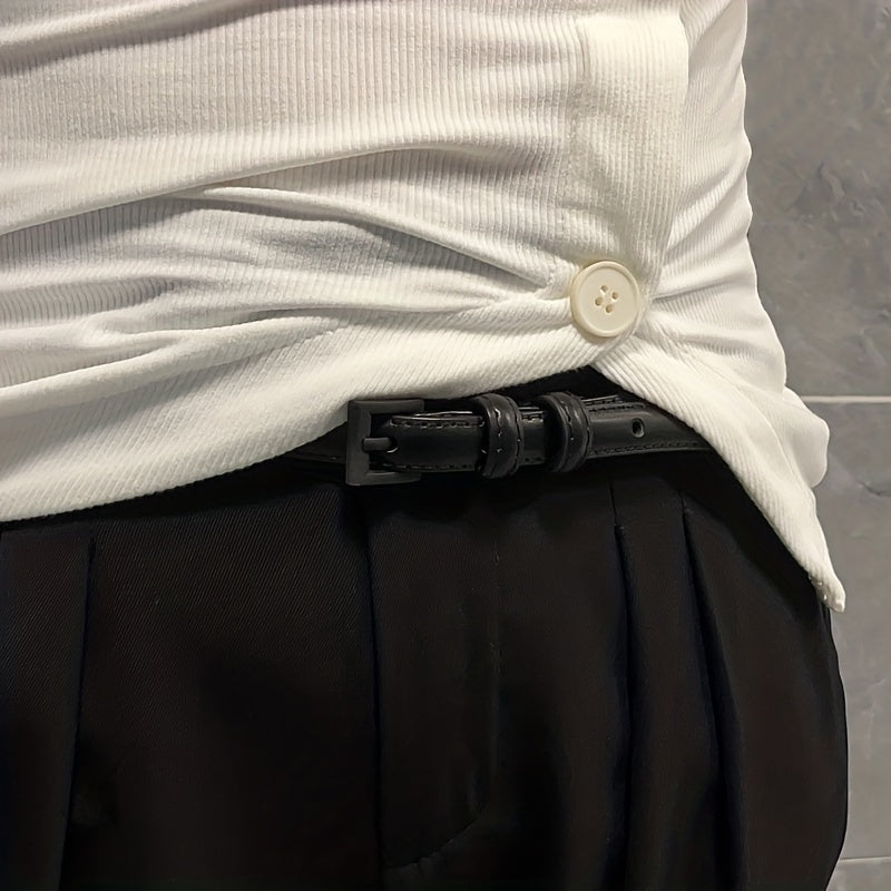 Solid Thin Leather Belt Square Pin Buckle Waistband Decorative