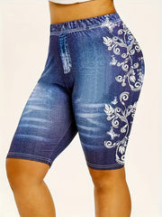 Floral & Denim Print Leggings for Women