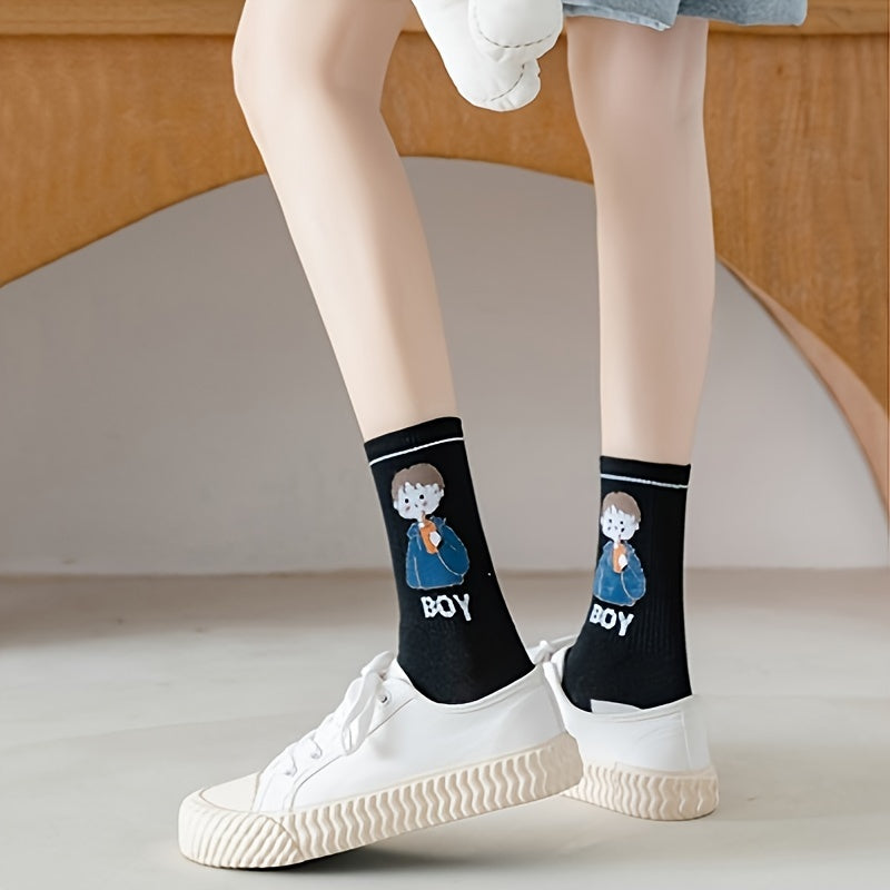 5 Pairs Cartoon Print Socks Comfy & Mid Tube Socks Women's Stockings