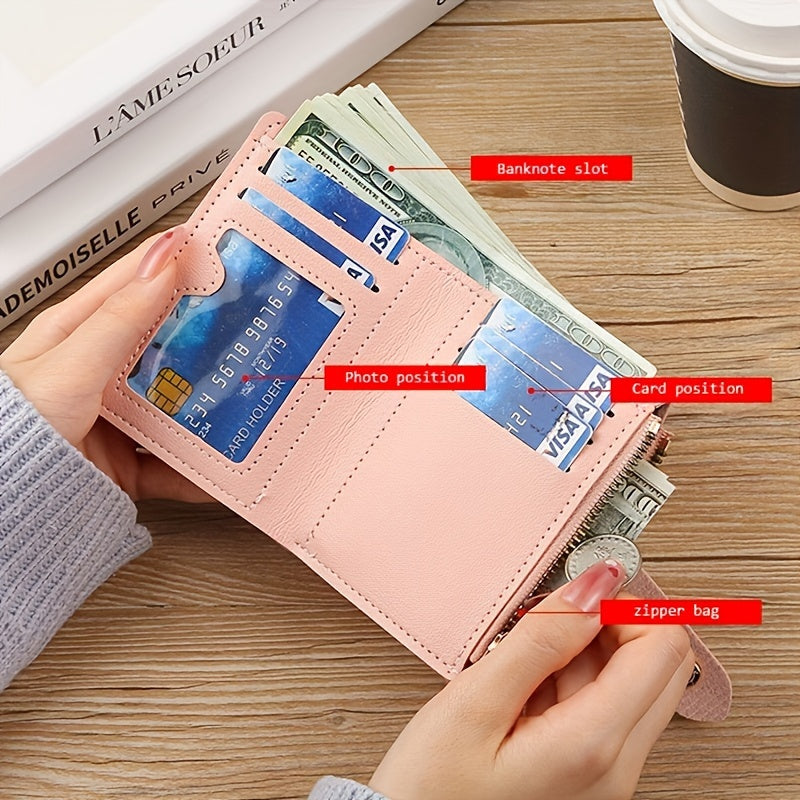 Pink Slim Wallet for Women with Zipper & Button Closure