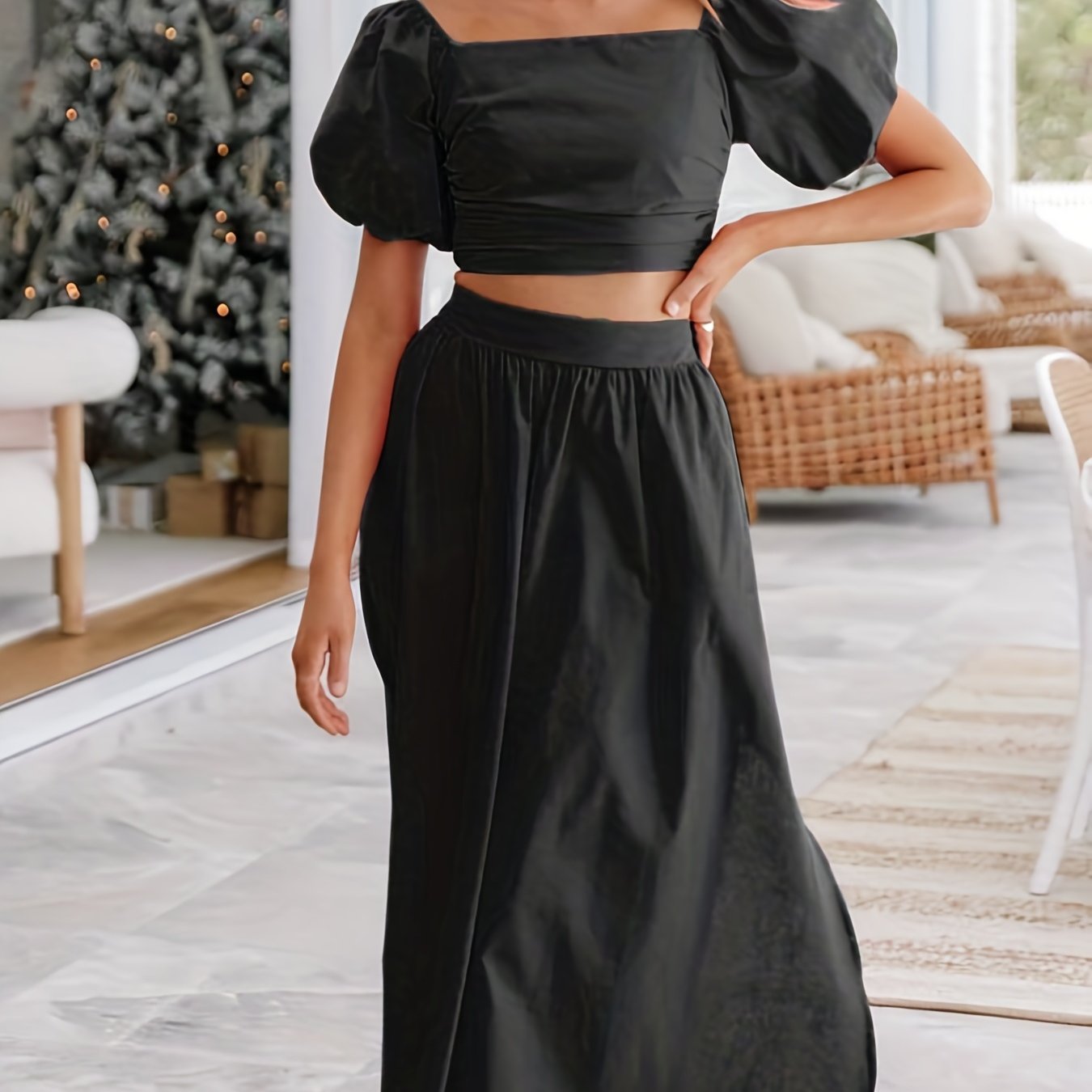 Casual Two Piece Set Puff Sleeve Cropped Tops & Ruched Maxi Skirts