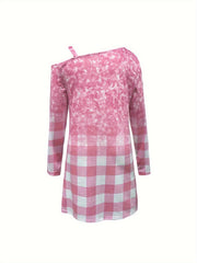  Colorblock Gingham Print One Shoulder Dress
