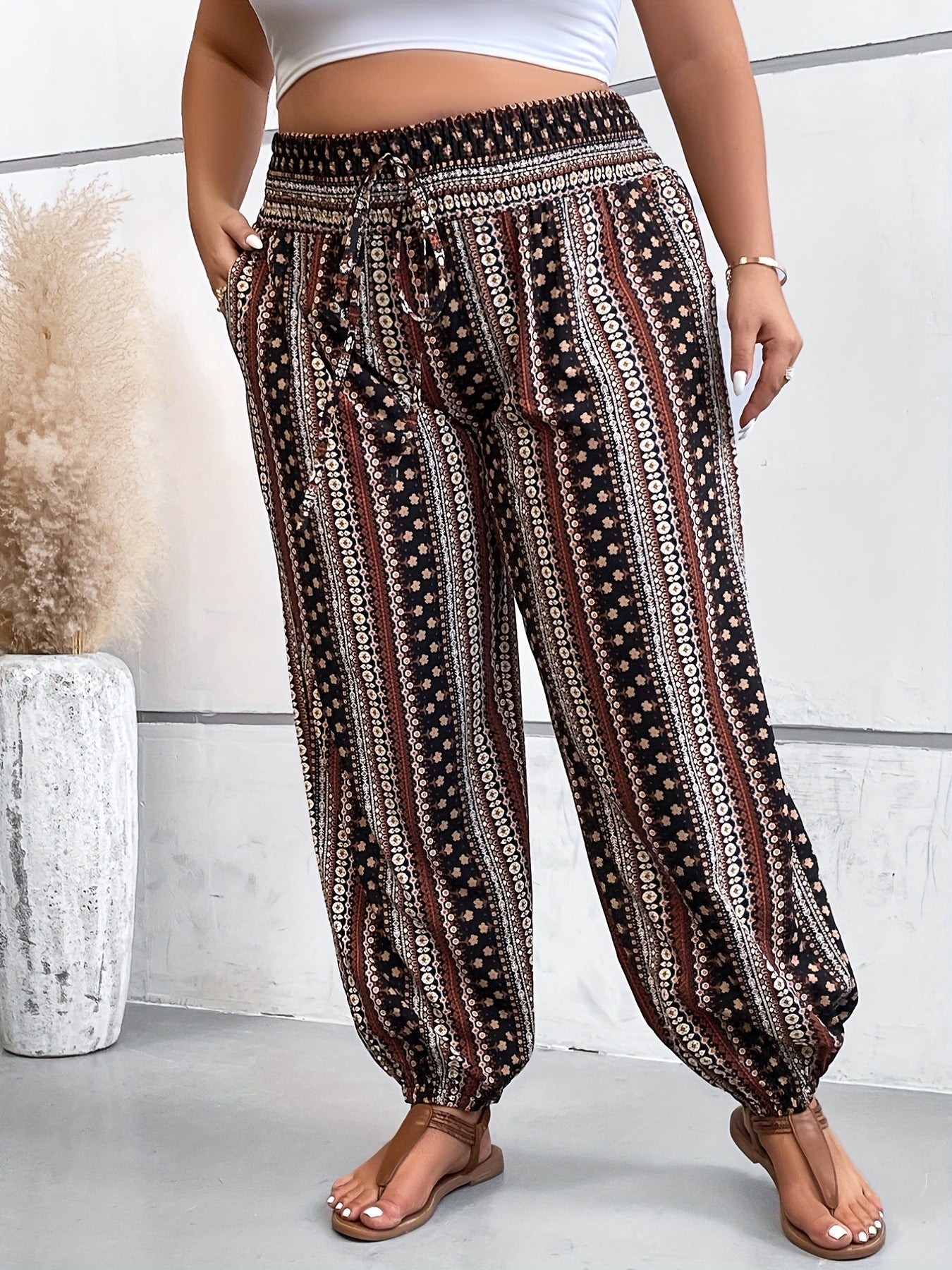  Boho Patchwork Print Drawstring Pants
