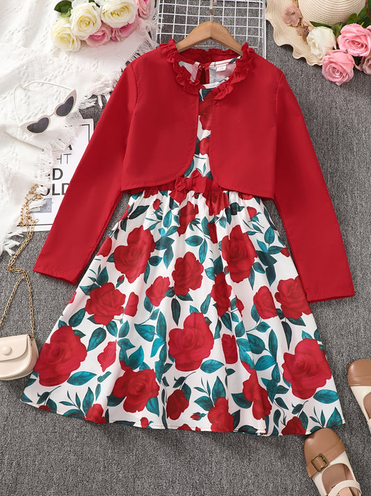 Girls Long Sleeve Top And Matching Rose Print Dress