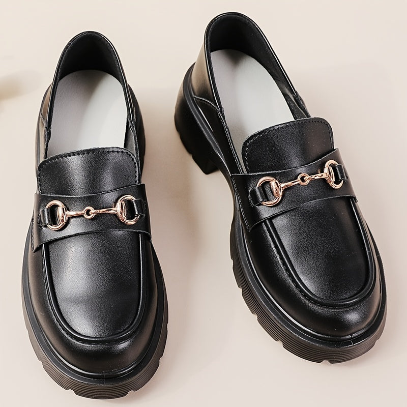 Platform Loafers with Metal Buckle Decor Faux Leather Round Toe Shoes