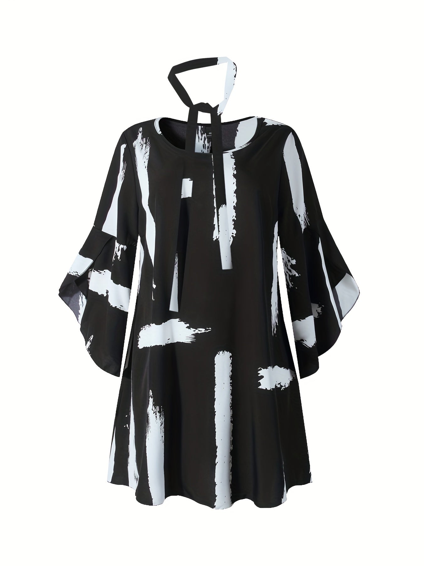  Brush Print Bell Sleeve Dress With Belt
