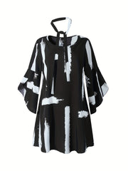 Brush Print Bell Sleeve Dress With Belt