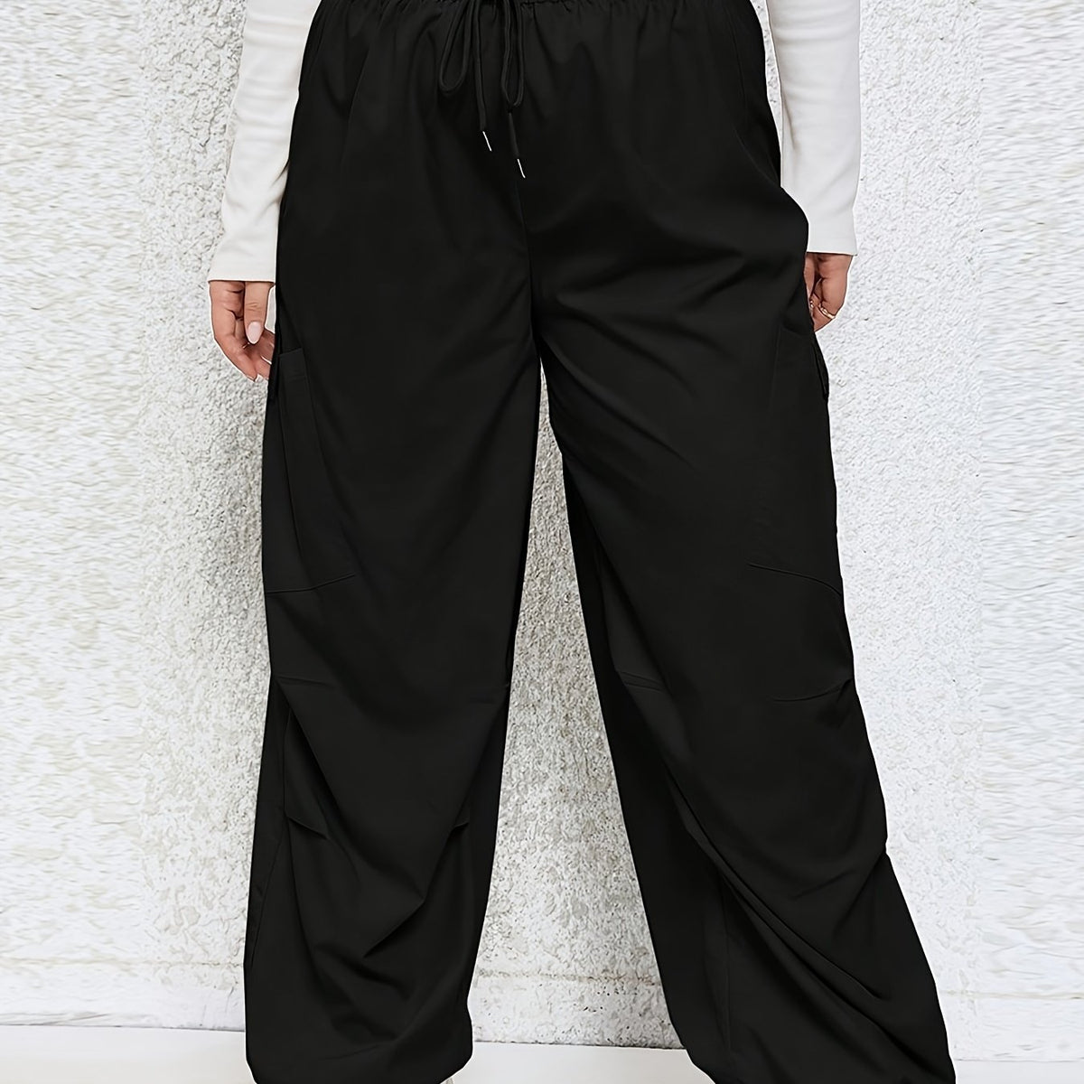  Solid Elastic Drawstring High Rise Wide Leg Cargo Trousers