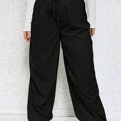 Solid Elastic Drawstring High Rise Wide Leg Cargo Trousers