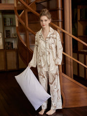 Ink Print Pajama Set Long Sleeve Top & Elastic Waistband Pants