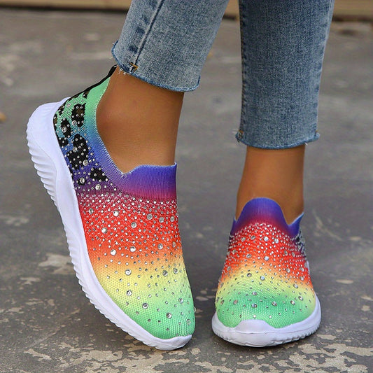 Women's Rainbow Knitted Sneakers Comfy Rhinestone Slip On Sports Shoes