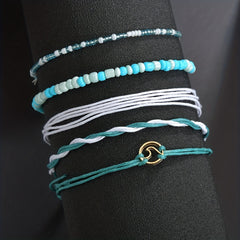 5 Pcs Ocean Style Wax Thread Anklet Set Rope Rice Beads Ankle Bracelet