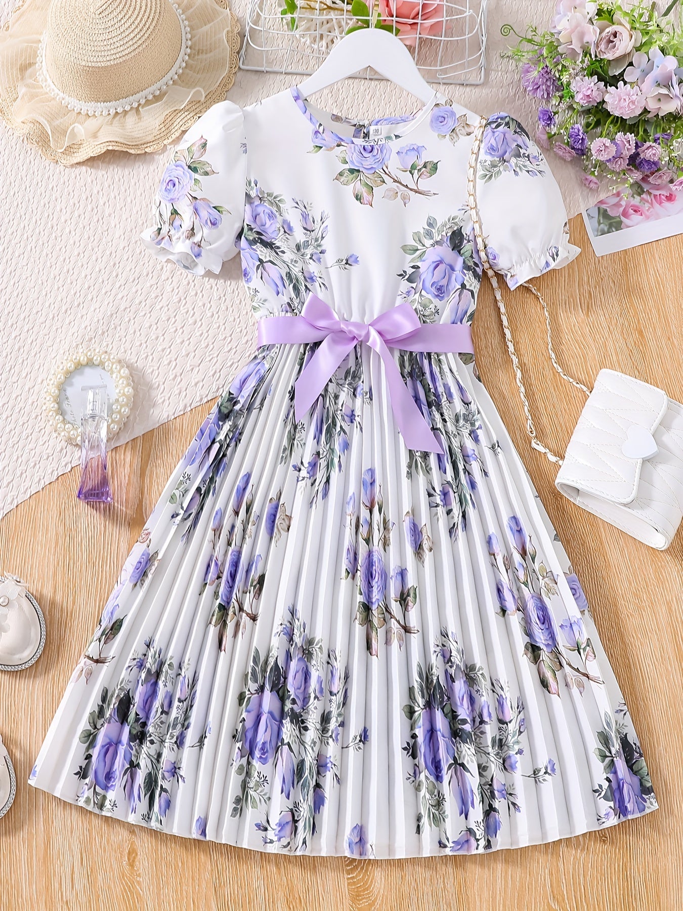 Girls Puff Sleeve Flowers Graphic Belted Dress