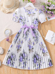 Girls Puff Sleeve Flowers Graphic Belted Dress