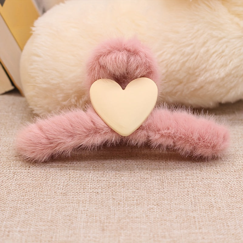 Fluffy Plush Heart Hair Claw Clips Multicolor Strong Hold Hairpins