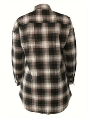  Casual Blouse Women's Plus Plaid Print Long Sleeve Button Up