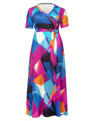  Colorblock Geo Print Maxi Dress With Belt