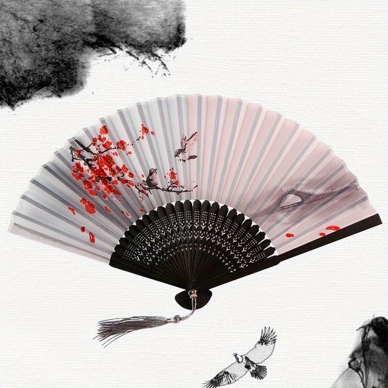 Folding Fan Women's Handheld Fan Silk Bamboo Hollowed Tassel Fan