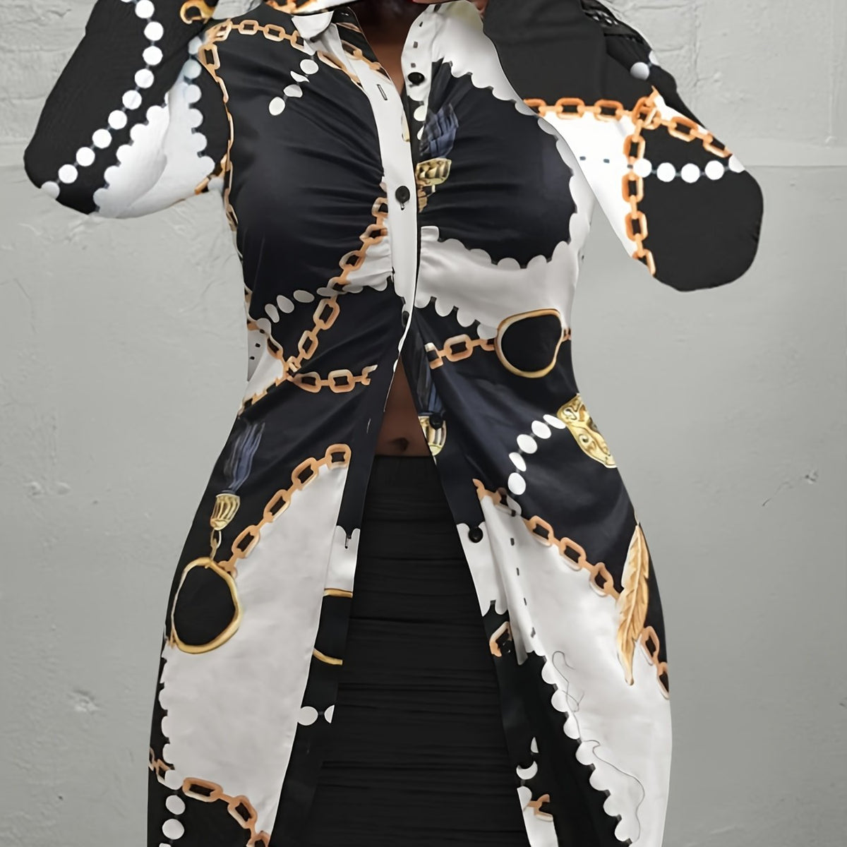  Chain Print Blouse & Solid Skirt 2 Piece Set