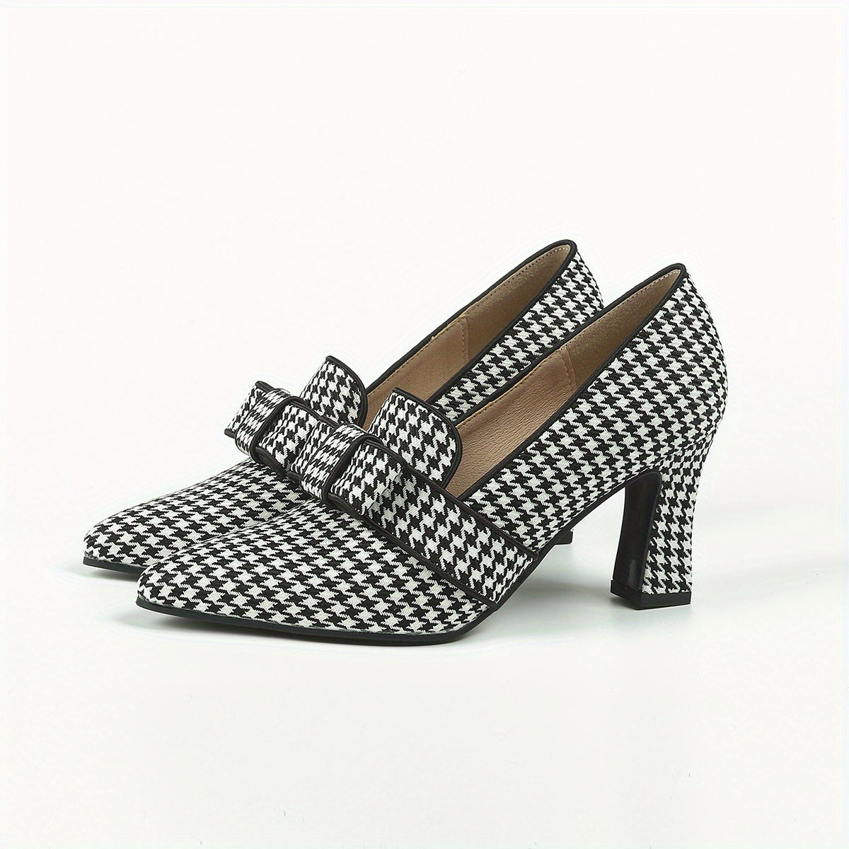 Women's Houndstooth Pumps Bowknot Slip On Chunky Heels