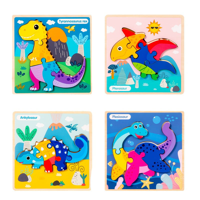4pcs Wooden Dinosaur Puzzle Set with Matching Cards